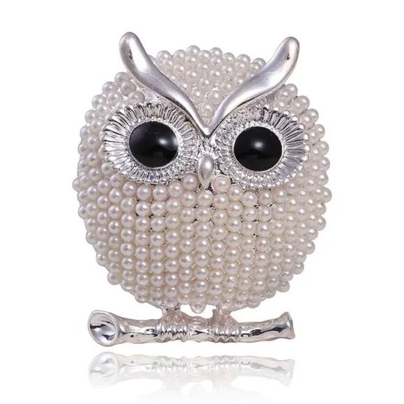 WHITE AND SILVER OWL BROOCH - Picture 1 of 2